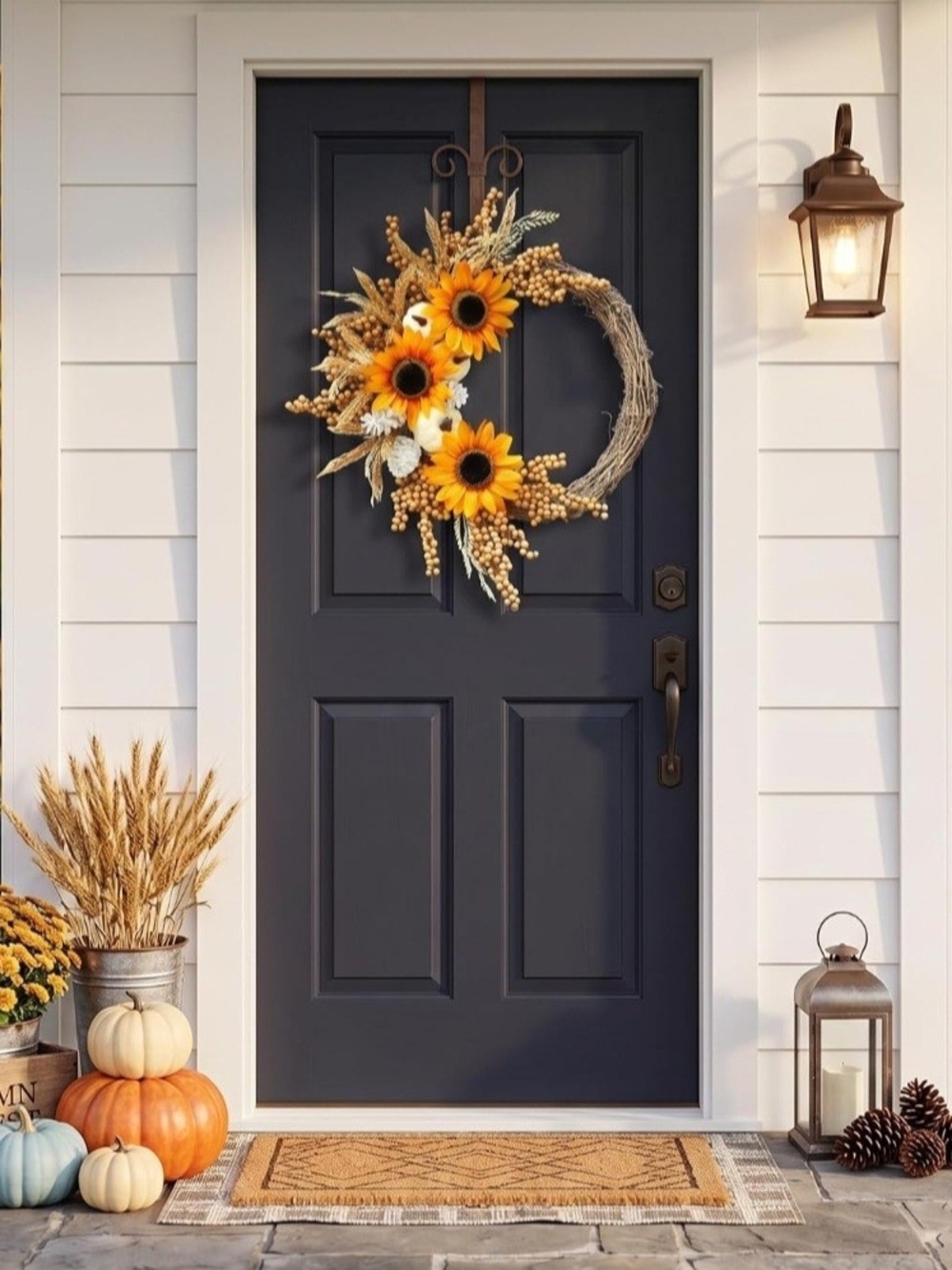 NIB 20" Sunflower White Pumpkin Fall Harvest Wreath Autumn Decor - Picture 6 of 7